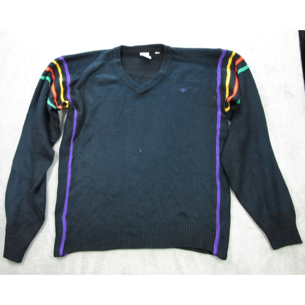 Vtg OP SWEATER Weather Wear Sz. Medium Striped Navy Blue Pullover V-neck